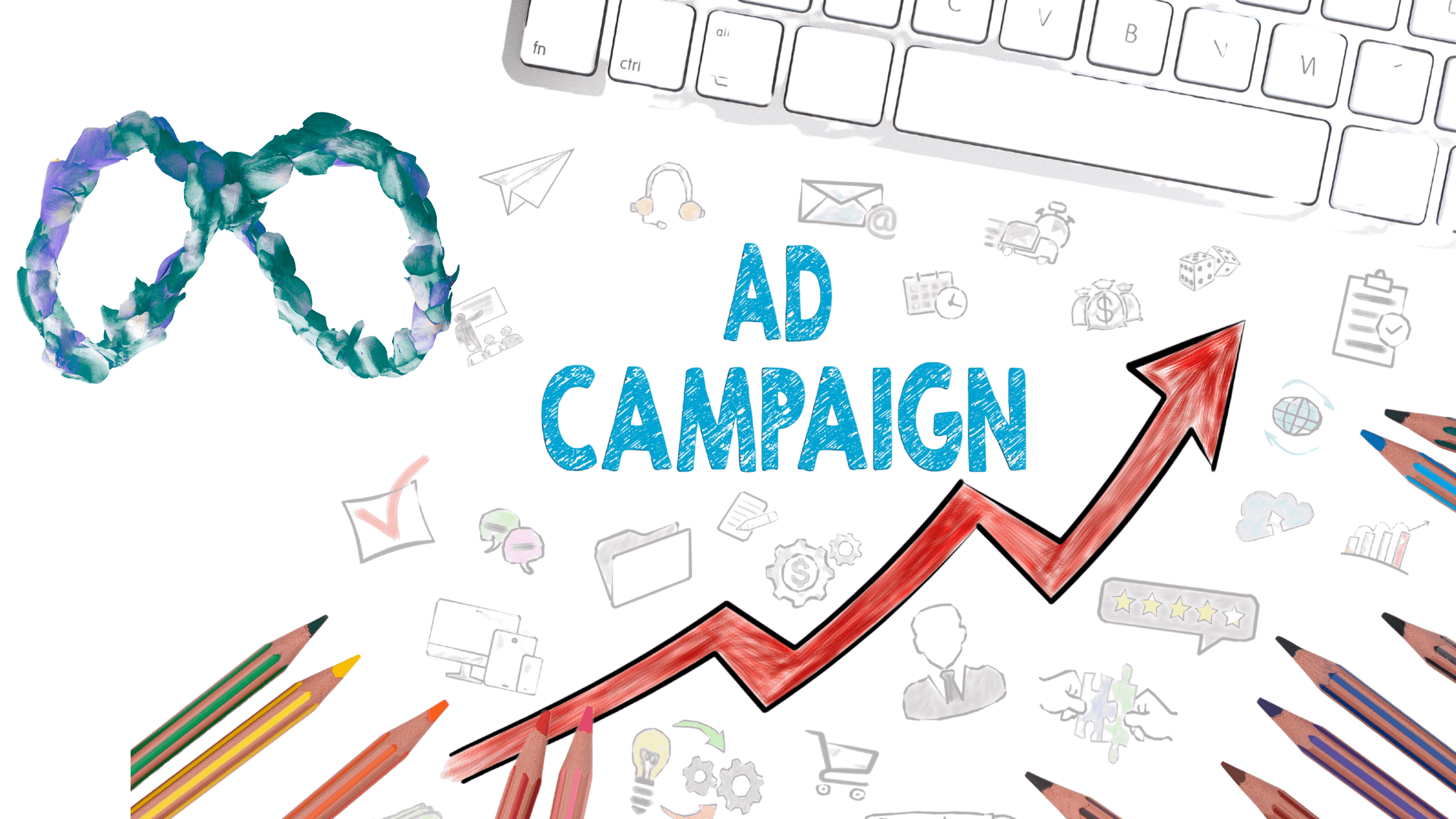 Meta ad campaign creative collage with growth arrow and campaign planning icons